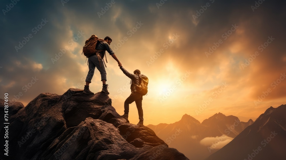 Hiker helping friend reach the mountain top, Generative Ai Hiker helping friend reach the mountain top, Generative Ai