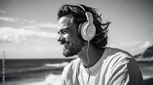 a beautiful attractive man enjoy listening music summer day on beach, black and white photo, headphone,