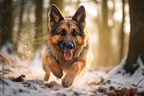 German shepherd breed dog running in winter forest in the snow at sunset