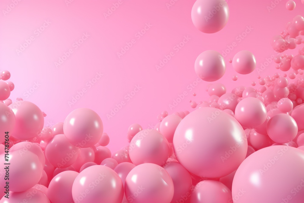pink balls 3d render shapes floating in the air on minimal background copy space left and center. 
