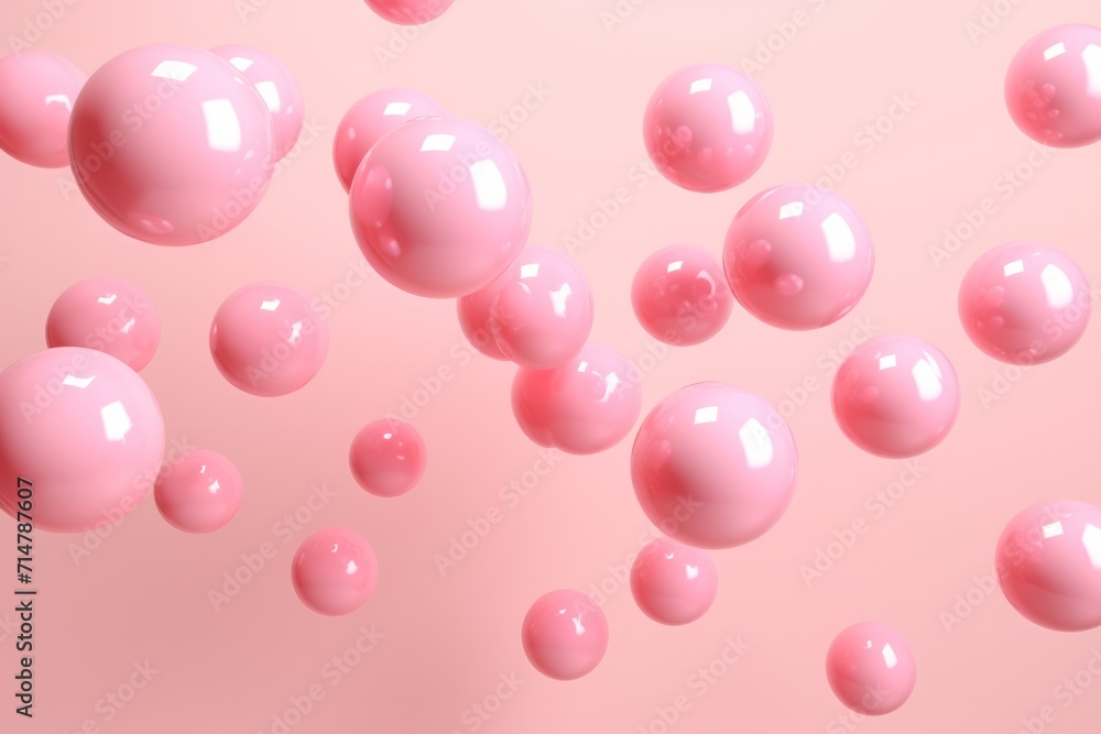 pink balls and bubbles 3d render shapes floating in the air on minimal background. 