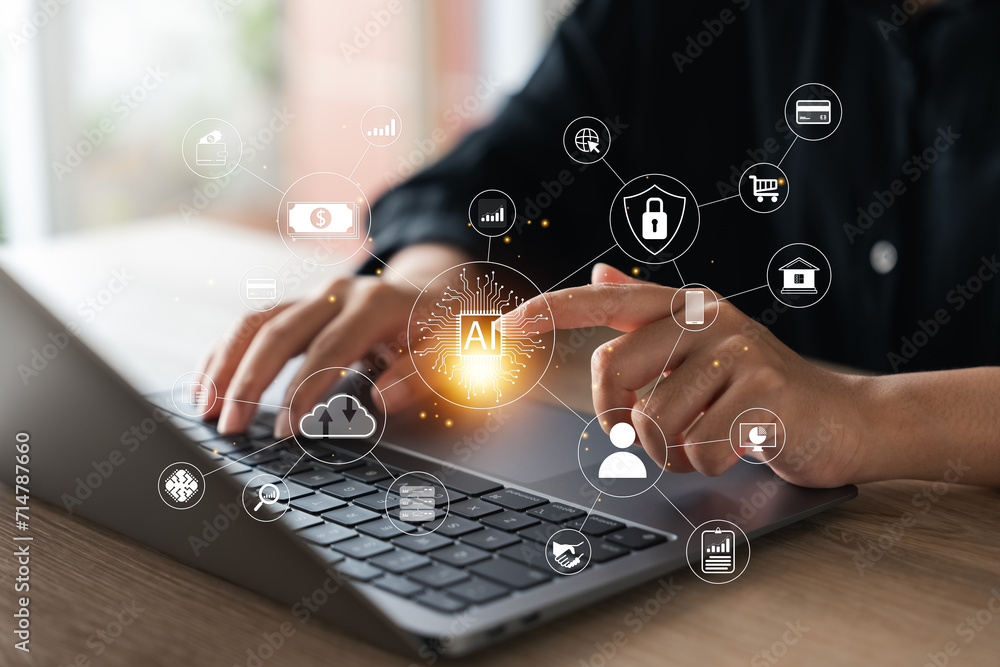 Naklejka premium Information services for businesses using AI technology Artificial intelligence, business woman using tablet and laptop Enter customer analysis commands. Chatbot technology, using AI with marketing.