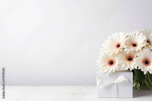 Wallpaper Mural Gerbera or Transvaal daisy flower bouquet and gift boxes on minimal white background copy space left. Romantic Valentines day, birthday, Mother's day festive banner. Torontodigital.ca