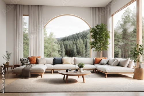 Scandinavian interior home design of modern living room with gray sofa and round wooden table with houseplants, forest view from the window