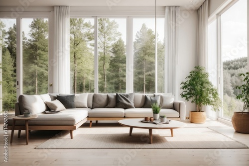 Scandinavian interior home design of modern living room with gray sofa and round wooden table with houseplants, forest view from the window