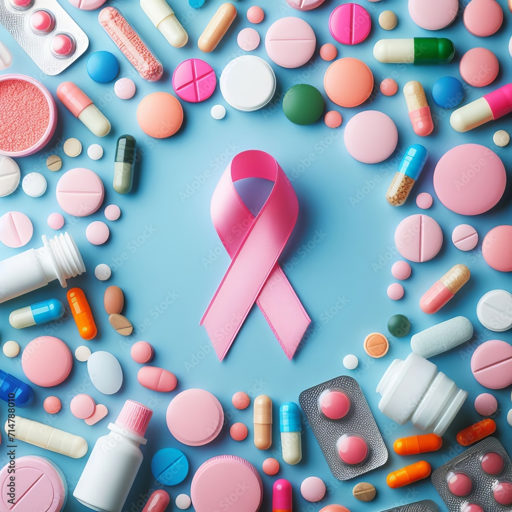 A pink ribbon in the center, surrounded by pills and capsules of different shapes and colors on a blue background. It symbolizes breast cancer awareness and support for those affected by the illness. A pink ribbon in the center, surrounded by pills and capsules of different shapes and colors on a blue background. It symbolizes breast cancer awareness and support for those affected by the illness.