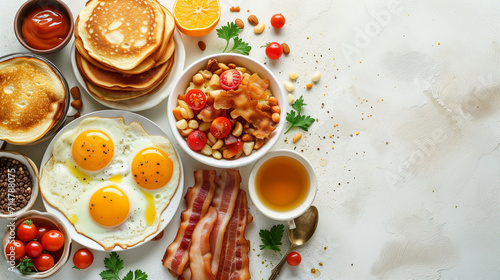 Fresh and delicious healthy breakfast spread on a white table, featuring eggs, bacon, bread, cheese, and fruit