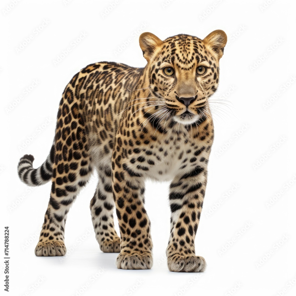 Obraz premium Amur leopard isolated on white background, Panthera pardus, walking against white background