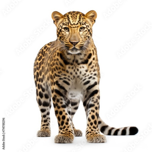 Amur leopard isolated on white background, Panthera pardus, walking against white background