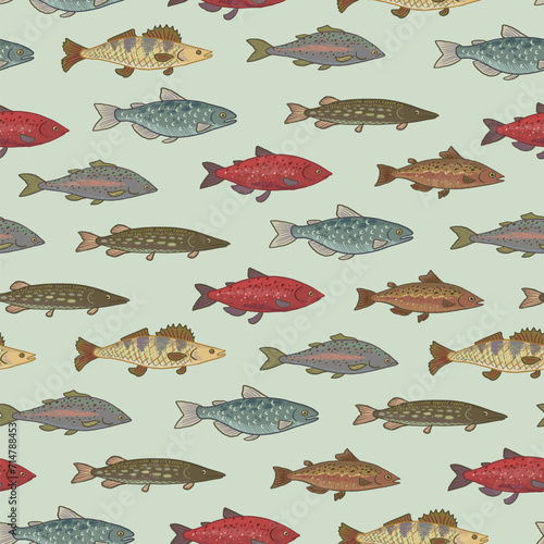 River freshwater fish vector seamless pattern.