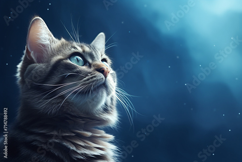 Cat looking up on a blue background banner © patternforstock
