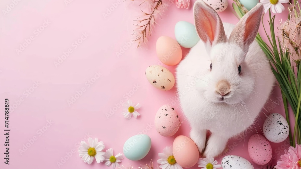 Obraz premium Happy Easter Bunny with many colorful easter eggs. Easter background with copy space.