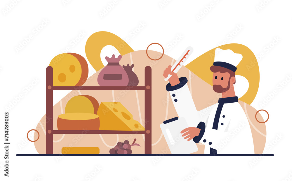 Cheese production, aging and storage in warehouse. Cheesemaker holding thermometer and clipboard to control temperature of rack with maturing and ripening cheese on shelves cartoon vector illustration