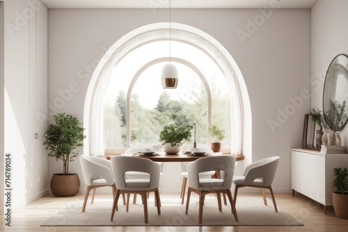 Interior home design of modern dining room with wooden chairs and dining table with houseplants, forest view in arched window