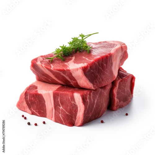 Raw beef piece isolated on white background, Large piece of buffalo meat filet closeup