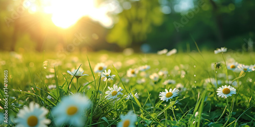 The blooming flowers are beautiful  the field of colors. Daisy field on a clear day Daisies come in white and yellow. and surrounded by green grass  surrounded by green nature and shining sun.