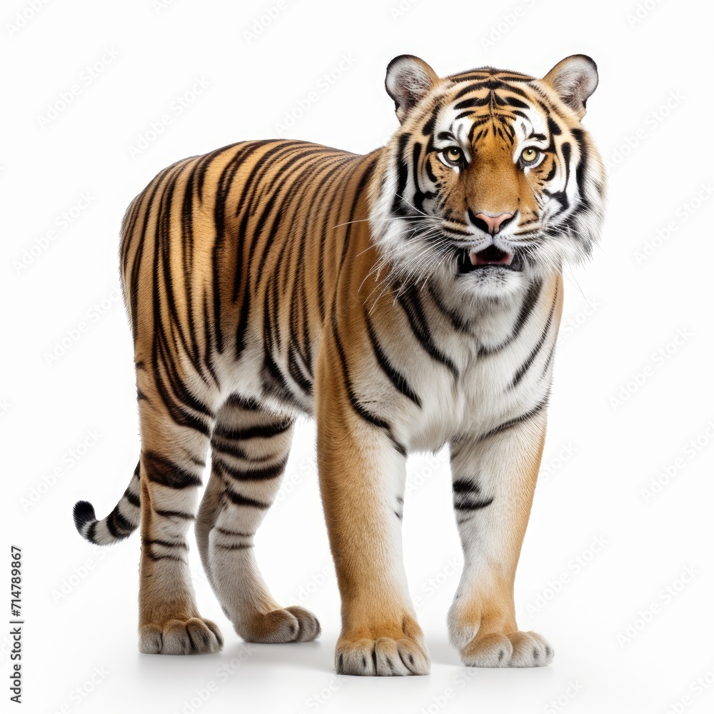 Bengal tiger isolated on white background, tiger standing against white color