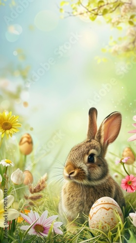 Happy Easter Holiday with Painted Egg  Rabbit and Flowers.