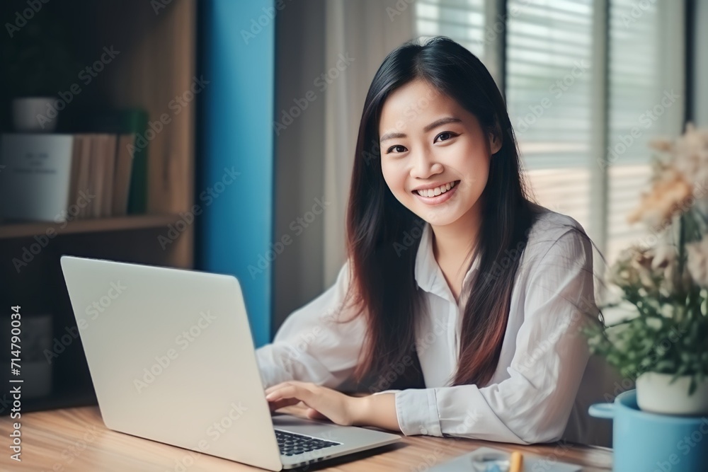 A customer service working in front of the laptop A customer service working in front of the laptop
