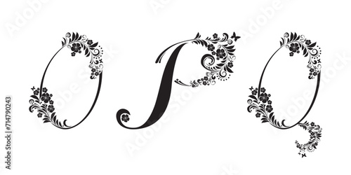 Letter O, P, Q isolated on white. Romantic letter of beautiful flowers. Floral Alphabet. Vector Illustration