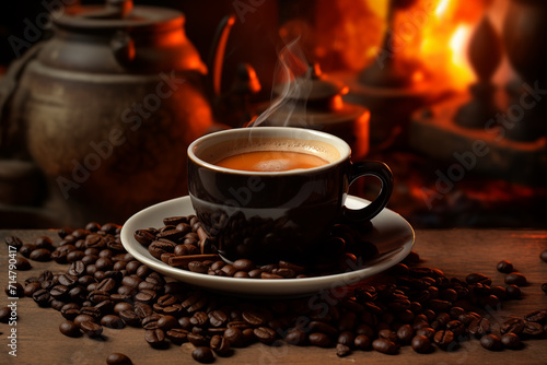 A hot cup of espresso coffee is on table, surrounded by a scattering of coffee beans AI Generation