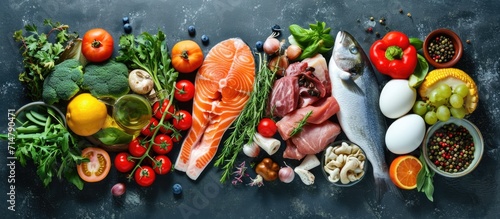 Nourishing variety of fish, eggs, veggies, fruit, and cured meats for a vitamin-rich and antioxidant-packed diet.