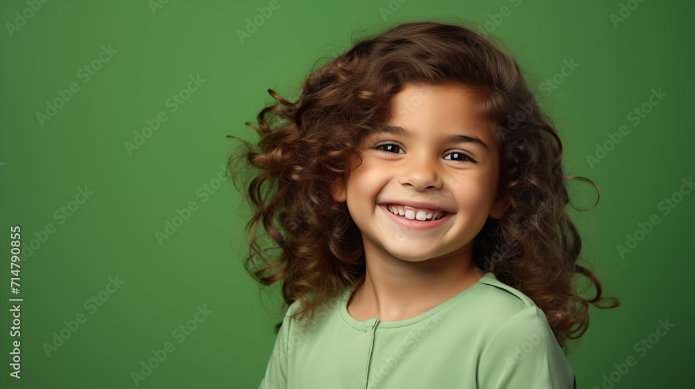 Portret studyjny dziewczynki uśmiechniętej na zielonym tle z dużą ilością wolnego tła - obrazy, fototapety, plakaty 