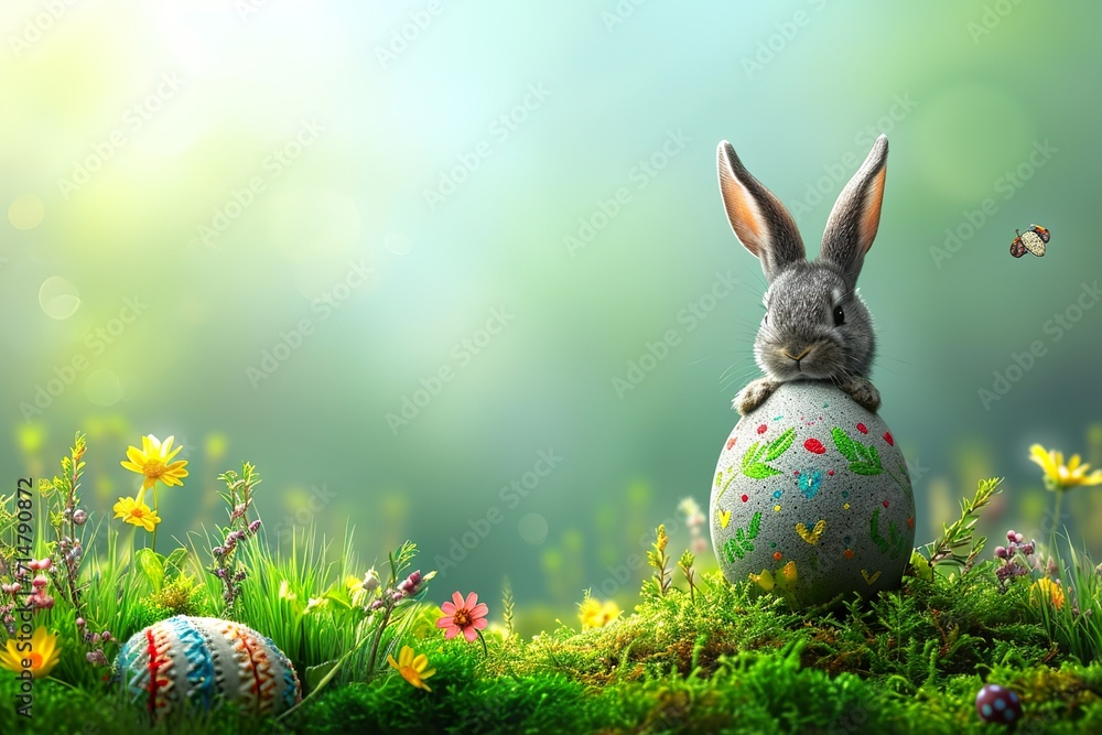 mockup easter egg and chubby cute bunny on green meadow - obrazy, fototapety, plakaty 