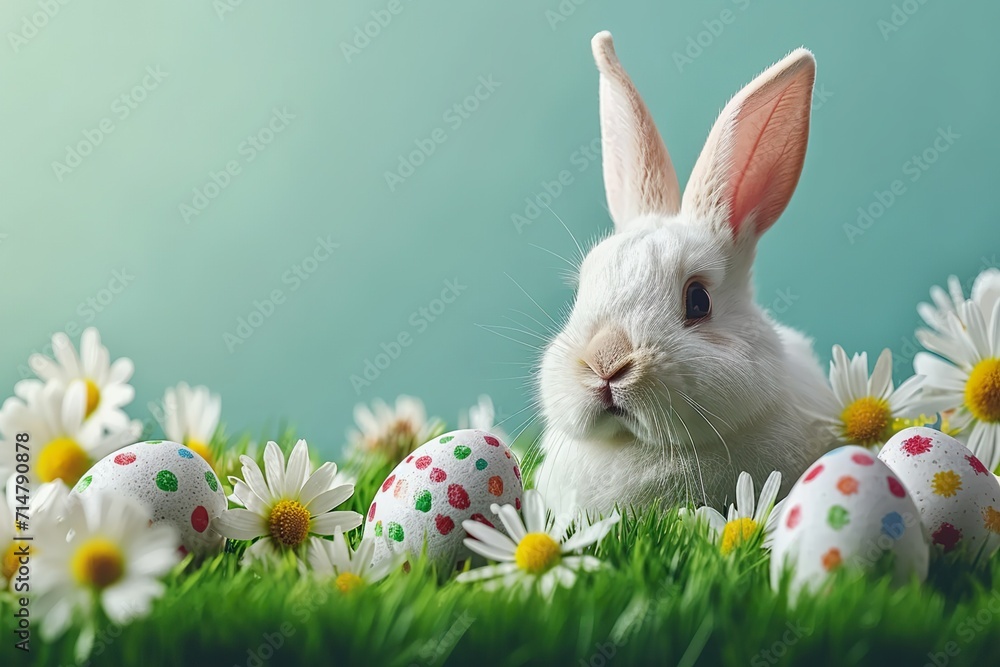 Fototapeta premium mockup easter egg and chubby cute bunny on green meadow