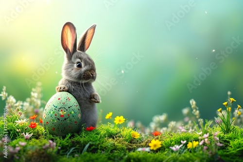 mockup easter egg and chubby cute bunny on green meadow
