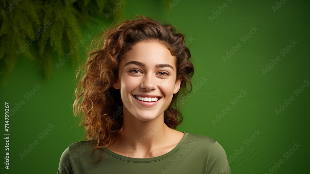 Naklejka premium Portret studyjny młodej kobiety uśmiechniętej na zielonym tle z dużą ilością wolnego tła