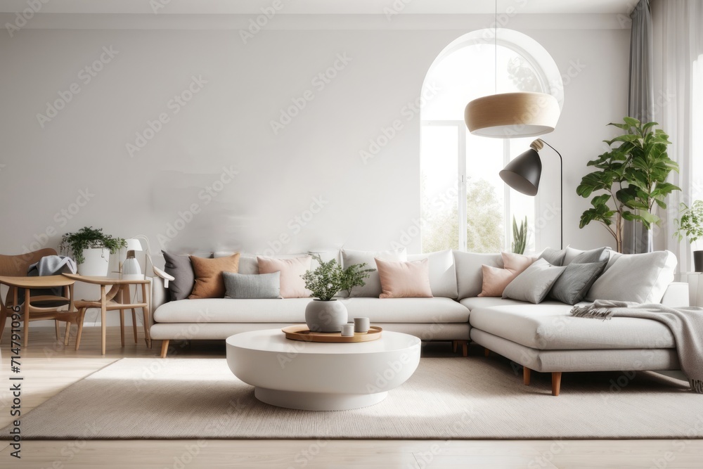 Scandinavian interior home design of modern living room with gray sofa and houseplants with gray wall near the window