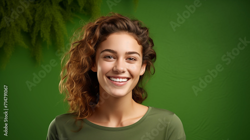 Portret studyjny młodej kobiety uśmiechniętej na zielonym tle z dużą ilością wolnego tła