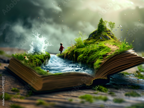 Concept of an open magic book; The imaginary world of a happy little child with a small house on a hill and beautiful nature. Lifestyle and education.