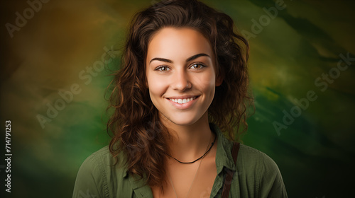Portret studyjny młodej kobiety uśmiechniętej na zielonym tle z dużą ilością wolnego tła