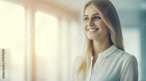 Bella donna con capelli biondi e camicia bianca sorride in ufficio