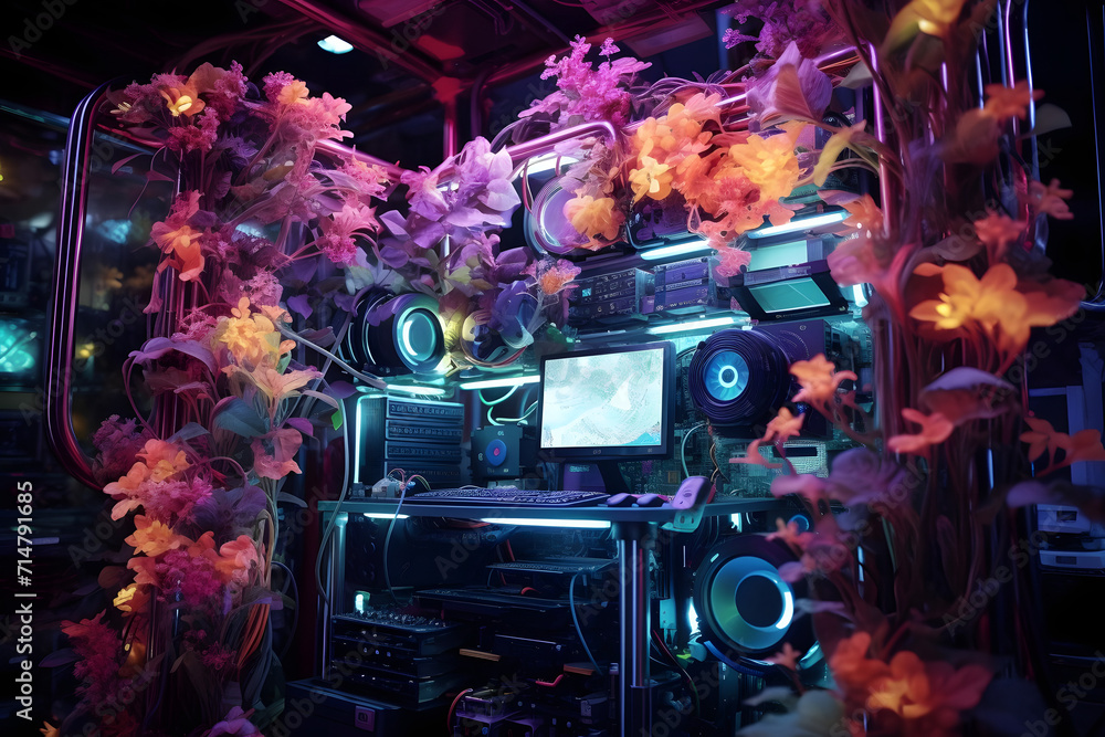 Neon technogenic flowers have captured computers, grow out of a computer, futuristic