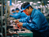 Chinesische Arbeiterin in einer Fabrik, Müde asiatischer Mann, Arbeiter führt Reparaturen in einer Elektronikfabrik durch