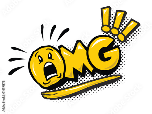 OMG speech bubble. Oh my god phrase. Hand drawn comic quote with smile emoji. Print on shirt, card, poster etc. Vector on transparent background