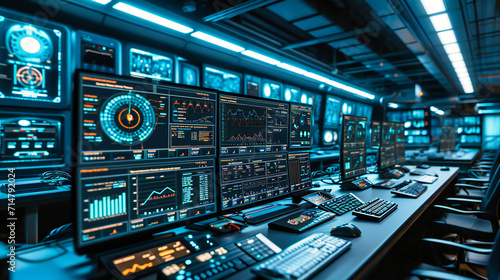 Technology control panel in a ship or aircraft cockpit, showcasing the interface and instruments for navigation.