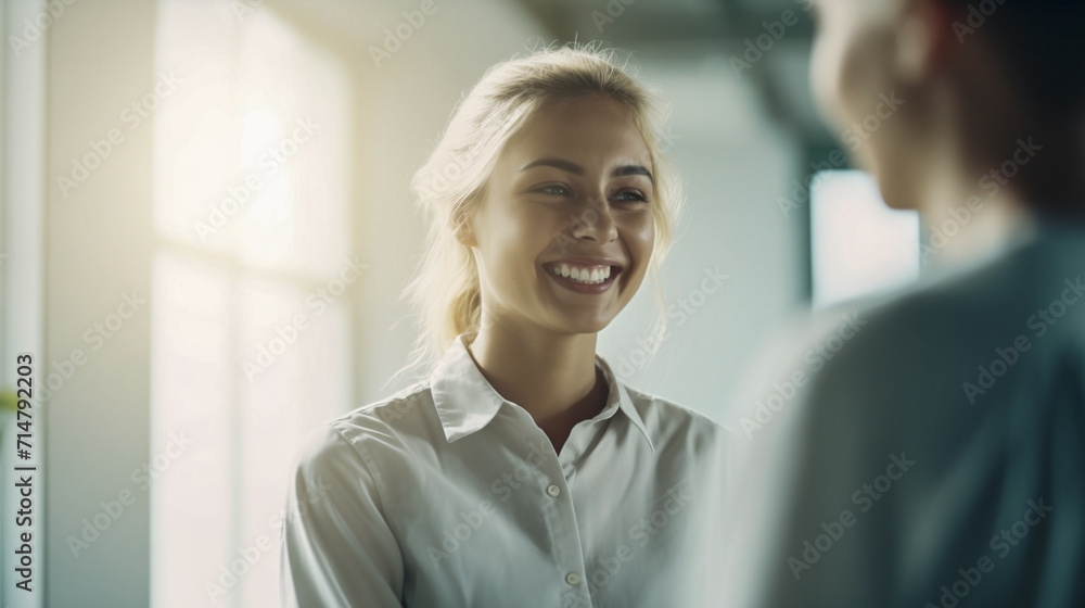Bella donna con capelli biondi e camicia bianca sorride in ufficio Bella donna con capelli biondi e camicia bianca sorride in ufficio