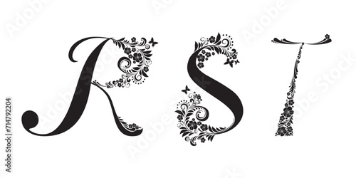 Letter R, S, T  isolated on white. Romantic letter of beautiful flowers. Floral Alphabet. Vector Illustration