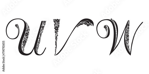 Letter U, V, W  isolated on white. Romantic letter of beautiful flowers. Floral Alphabet. Vector Illustration