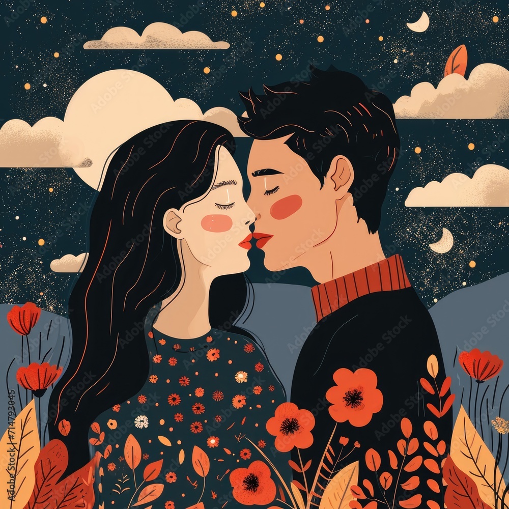 Happy Valentine's Day flat illustration. Boyfriend and girlfriend in cartoon style. Couple in love. Young man and girl . Romantic partners on a date. Generative Ai. Happy Valentine's Day flat illustration. Boyfriend and girlfriend in cartoon style. Couple in love. Young man and girl . Romantic partners on a date. Generative Ai.