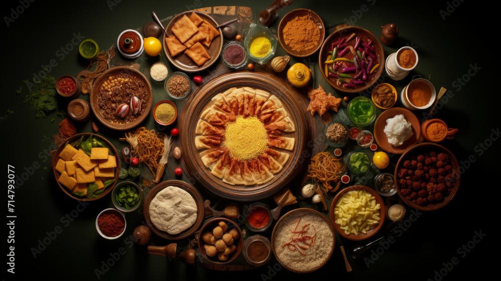 A vibrant spread of traditional Ramadhan food, including dates, samosas, and biryani