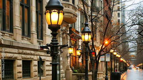 Vintage street lamp in Paris, France, illuminating the beautiful architecture of the historic European town at night.