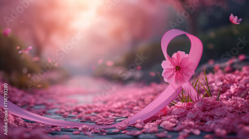 pink flower with petals with pink silk ribbon, on garden background, concept support on World Cancer Day, banner