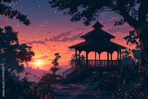 Serene twilight gazebos  offering peaceful refuge in the hour between day and night - Generative AI