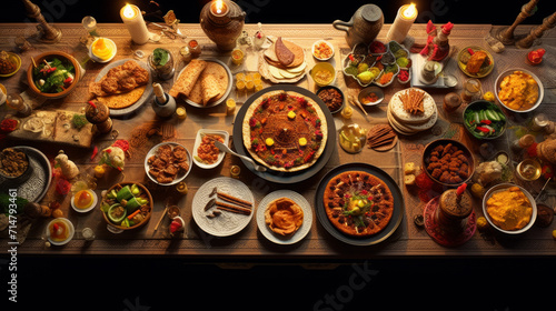 A vibrant spread of traditional Ramadhan food, including dates, samosas, and biryani