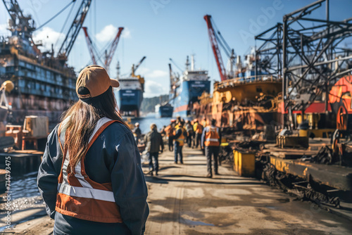 Woman with hard hat standing in front of a ship in ship repair factory. Group of workers on background photo